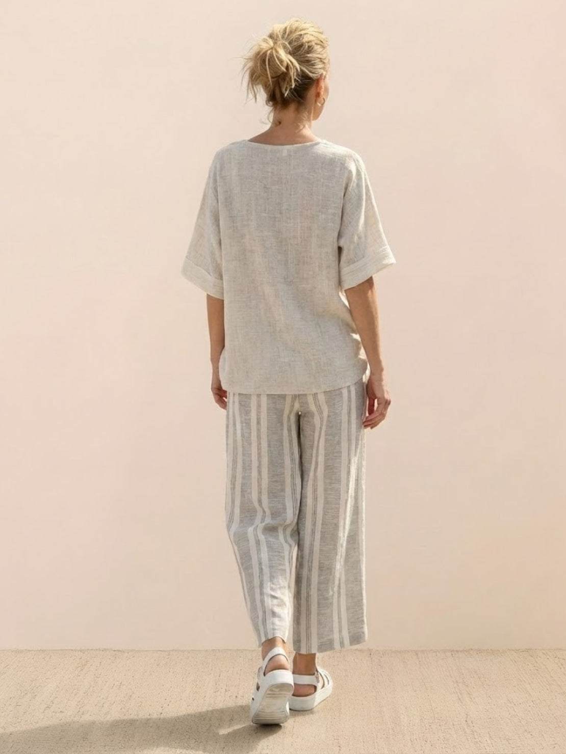 Women's Striped Wide Leg Pants Set Cotton Casual Beige