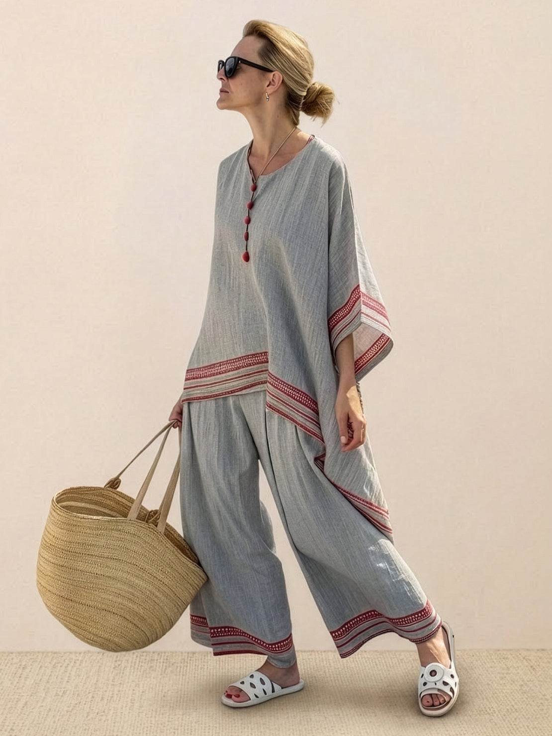 Women's Striped Wide Leg Pants Set Cotton Casual Beige
