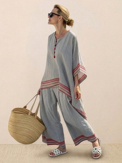Women's Striped Wide Leg Pants Set Cotton Casual Beige