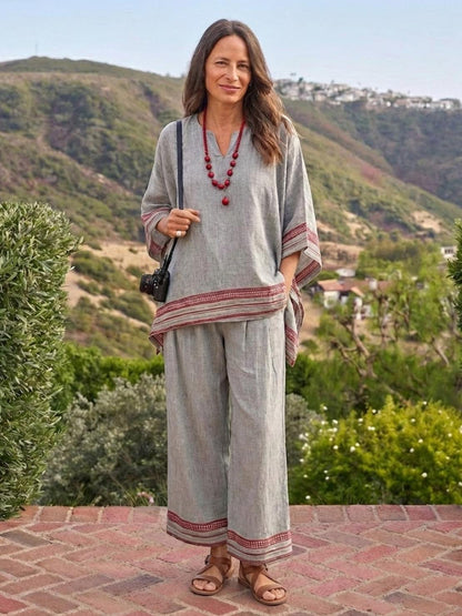 Women's Striped Wide Leg Pants Set Cotton Casual Beige