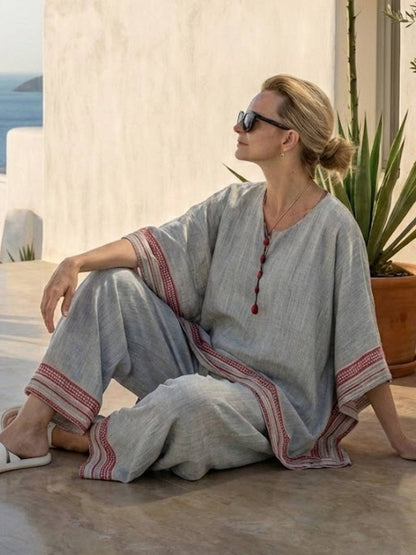 Women's Striped Wide Leg Pants Set Cotton Casual Beige