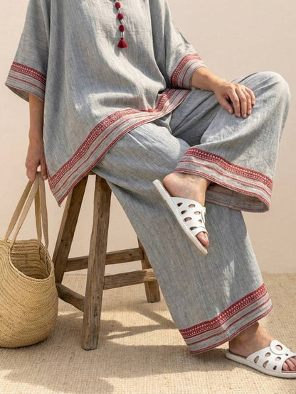Women's Striped Wide Leg Pants Set Cotton Casual Beige