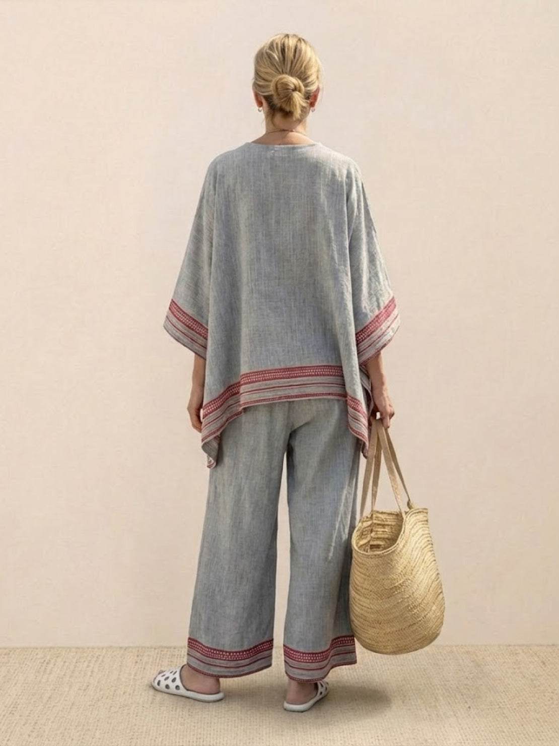 Women's Striped Wide Leg Pants Set Cotton Casual Beige