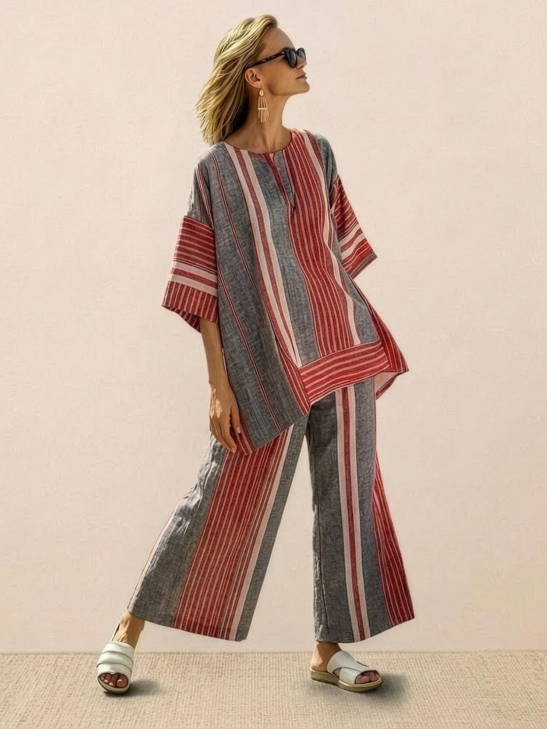 Women's Striped Wide Leg Pants Set Cotton Casual Beige