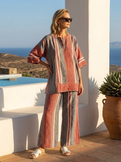 Women's Striped Wide Leg Pants Set Cotton Casual Beige