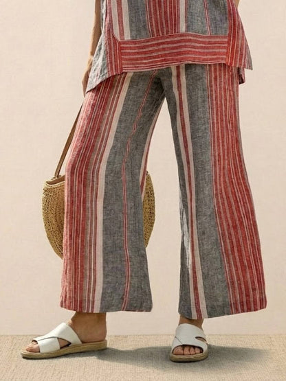 Women's Striped Wide Leg Pants Set Cotton Casual Beige