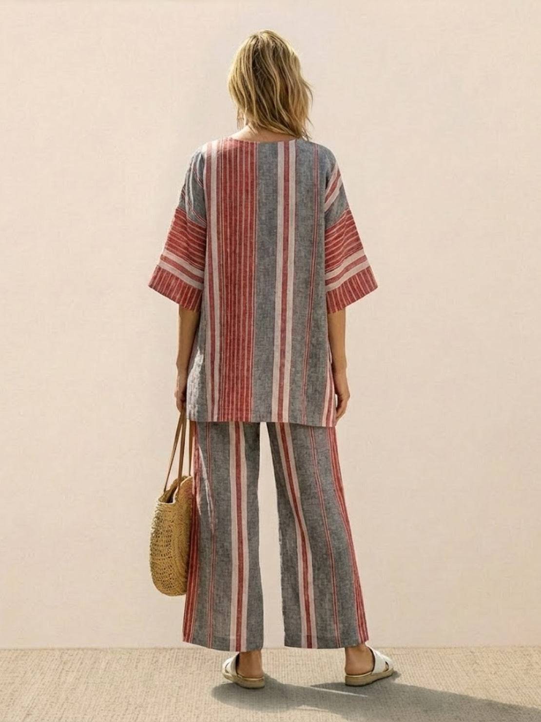 Women's Striped Wide Leg Pants Set Cotton Casual Beige