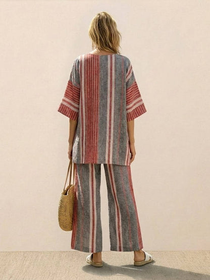 Women's Striped Wide Leg Pants Set Cotton Casual Beige