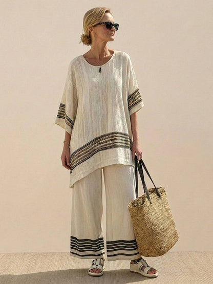 Women's Striped Wide Leg Pants Set Cotton Casual Beige
