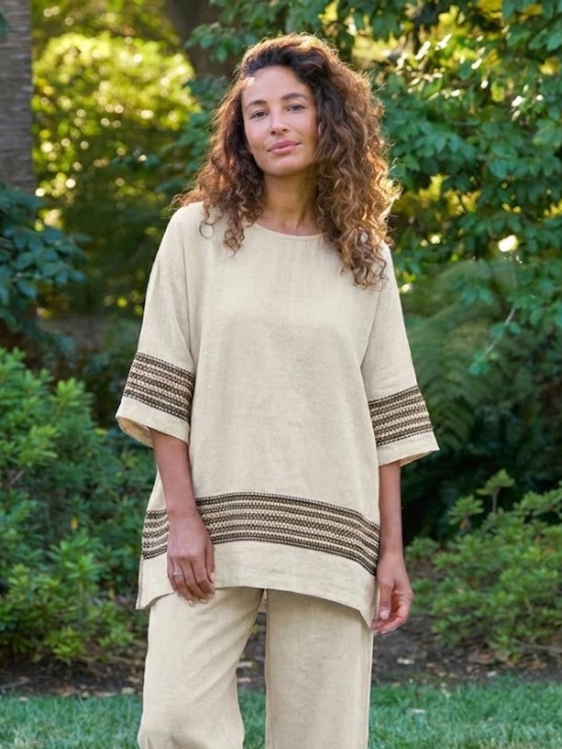 Women's Striped Wide Leg Pants Set Cotton Casual Beige