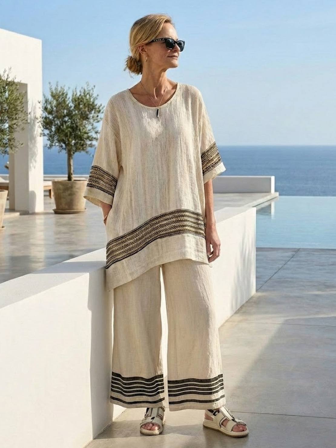Women's Striped Wide Leg Pants Set Cotton Casual Beige