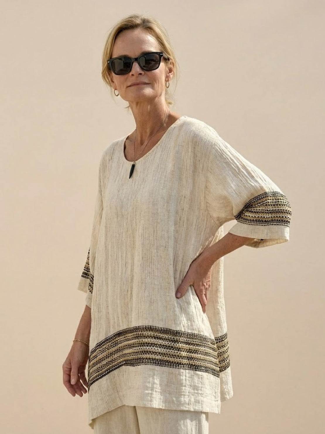 Women's Striped Wide Leg Pants Set Cotton Casual Beige