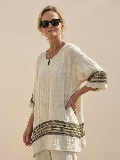 Women's Striped Wide Leg Pants Set Cotton Casual Beige
