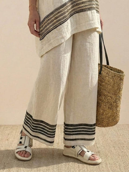 Women's Striped Wide Leg Pants Set Cotton Casual Beige