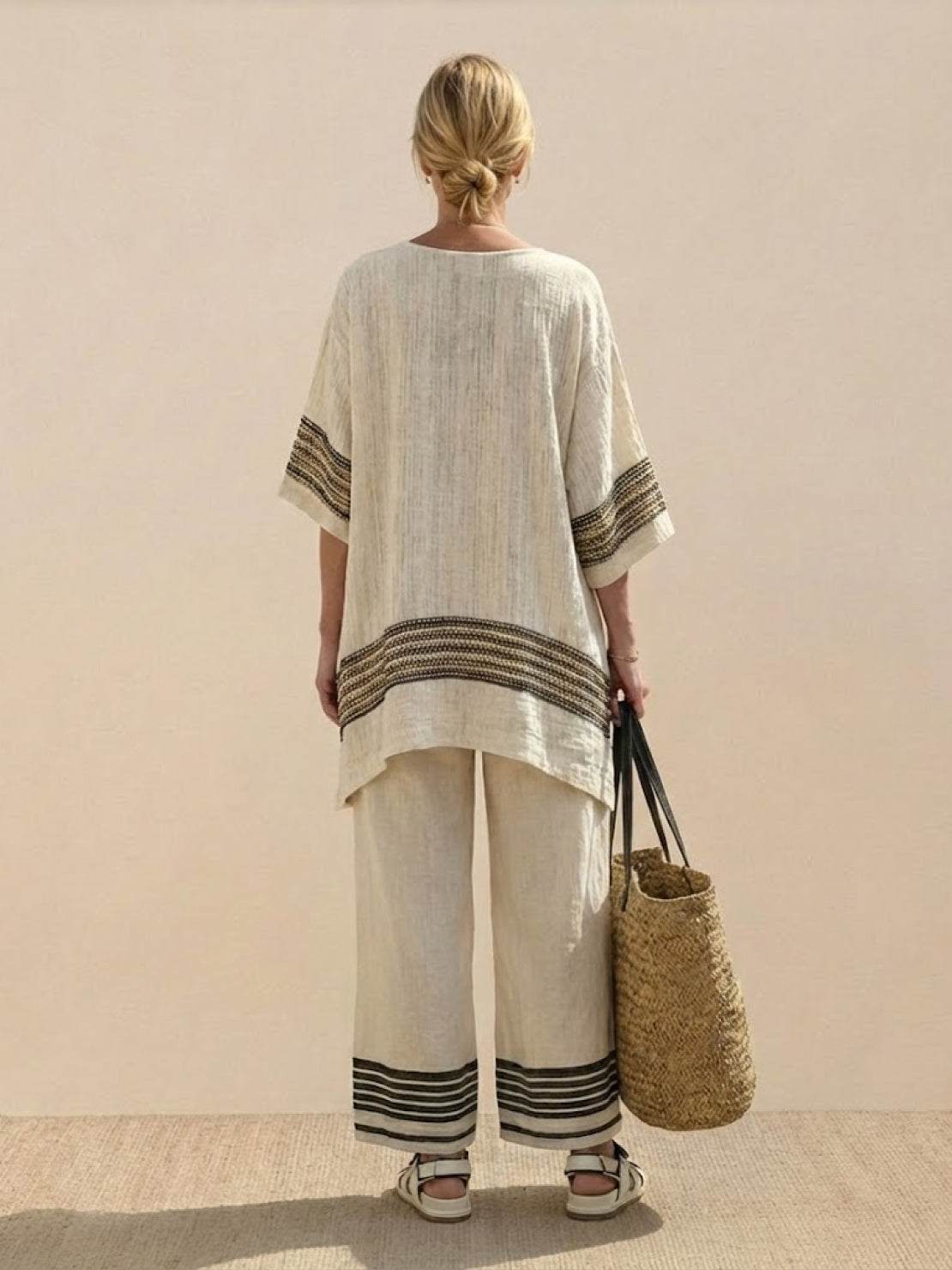 Women's Striped Wide Leg Pants Set Cotton Casual Beige