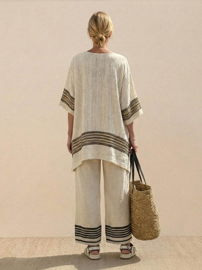 Women's Striped Wide Leg Pants Set Cotton Casual Beige