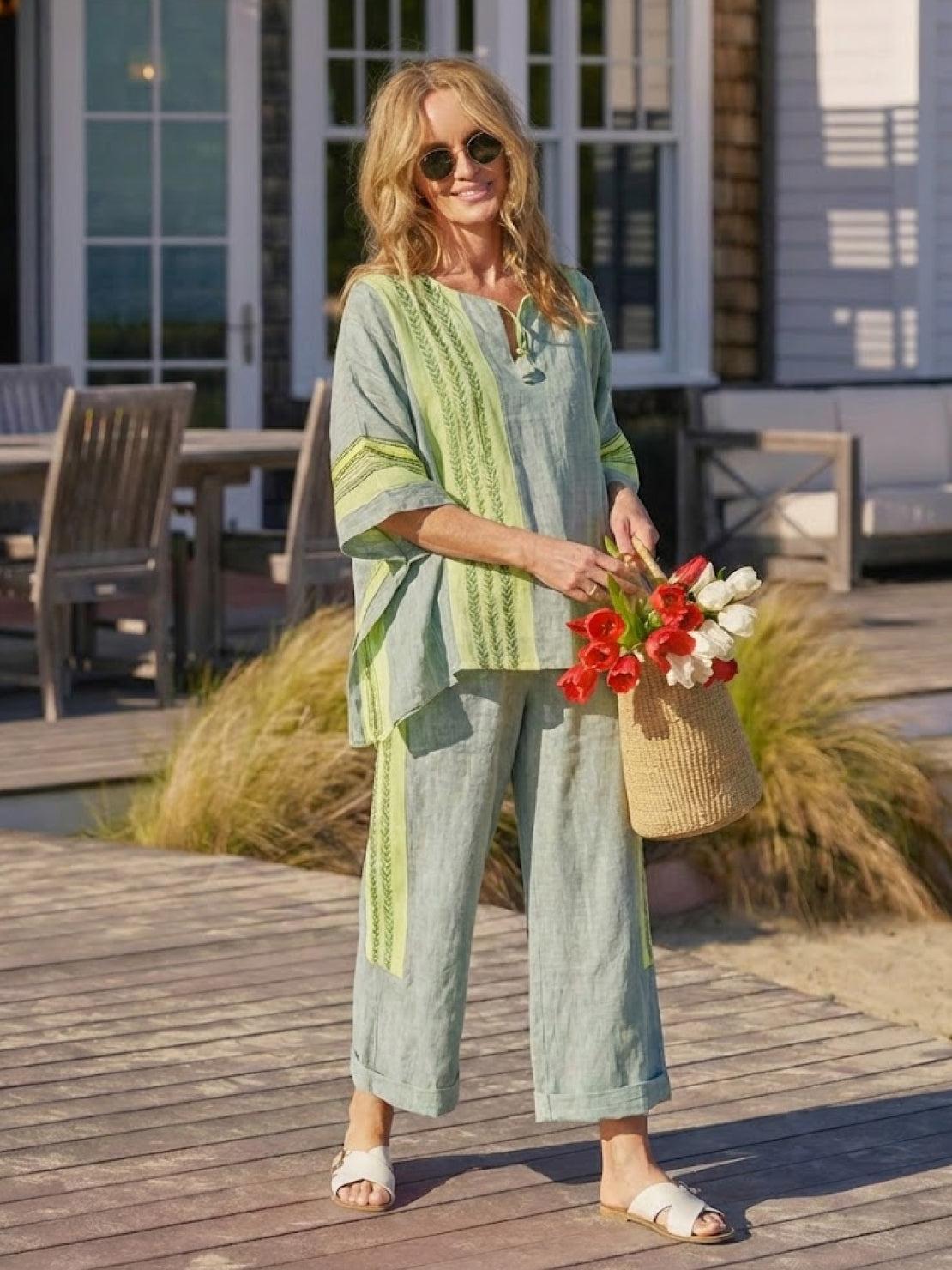 Women's Striped Wide Leg Pants Set Cotton Casual Beige