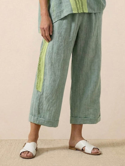 Women's Striped Wide Leg Pants Set Cotton Casual Beige