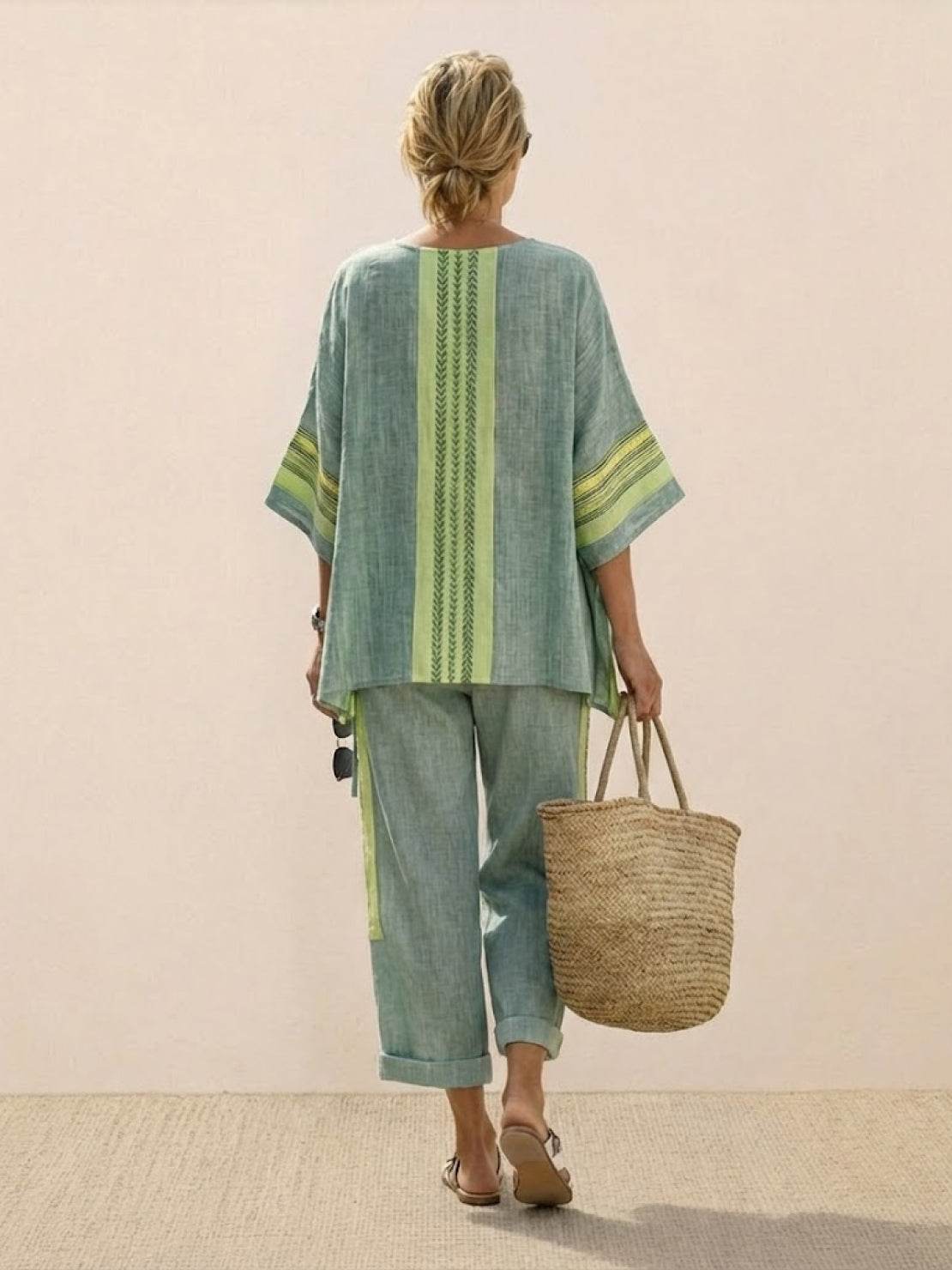 Women's Striped Wide Leg Pants Set Cotton Casual Beige