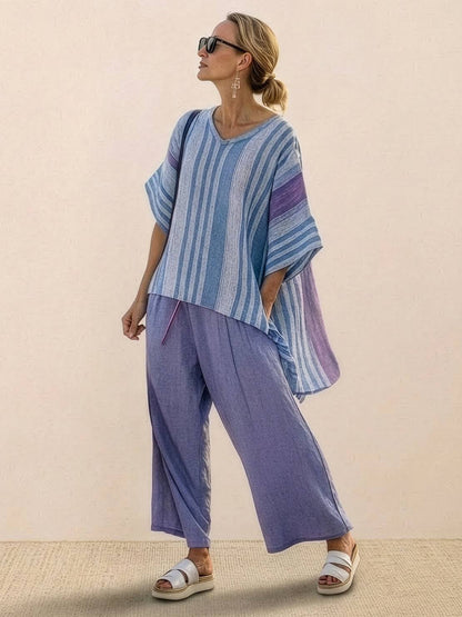 Women's Striped Wide Leg Pants Set Cotton Casual Beige