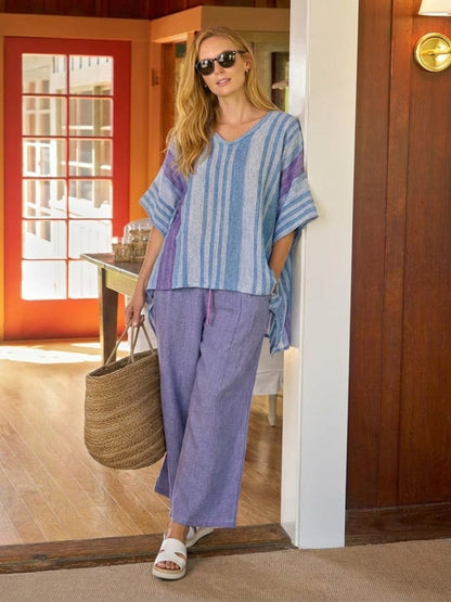 Women's Striped Wide Leg Pants Set Cotton Casual Beige