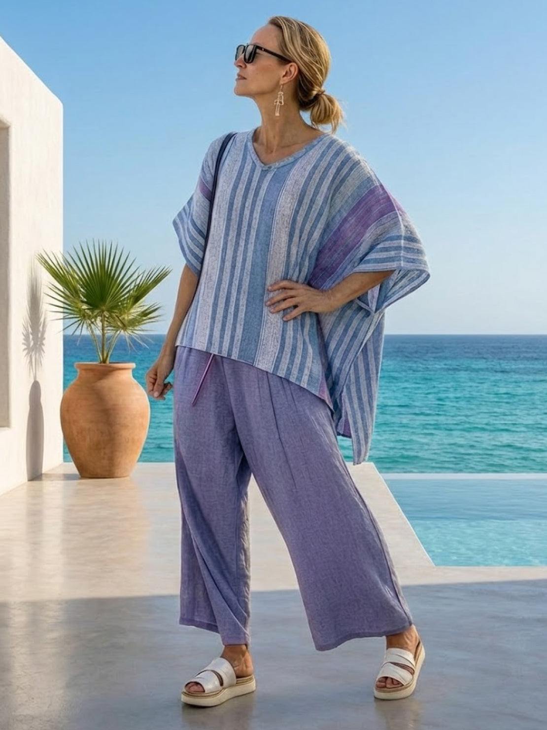Women's Striped Wide Leg Pants Set Cotton Casual Beige