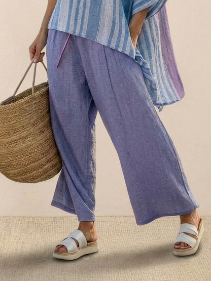 Women's Striped Wide Leg Pants Set Cotton Casual Beige