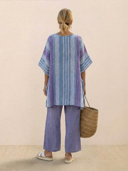 Women's Striped Wide Leg Pants Set Cotton Casual Beige