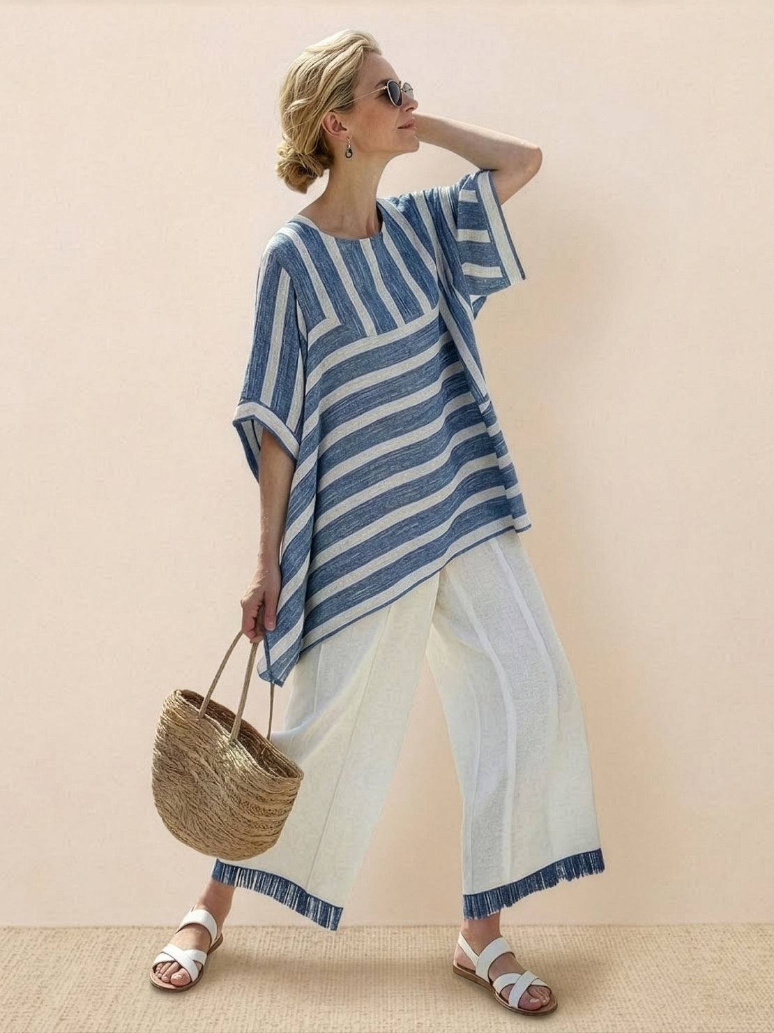 Women's Striped Wide Leg Pants Set Cotton Casual Beige