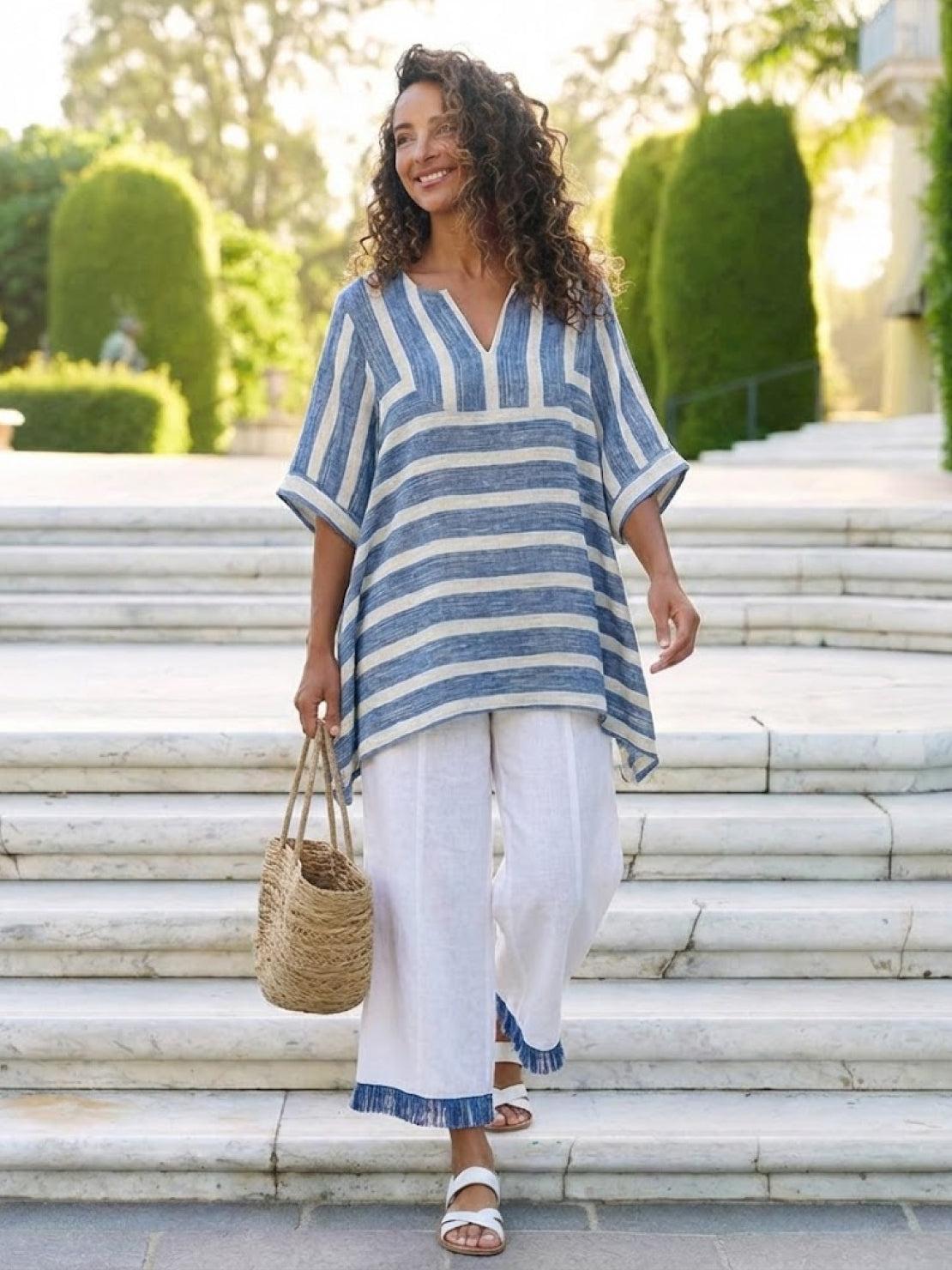 Women's Striped Wide Leg Pants Set Cotton Casual Beige