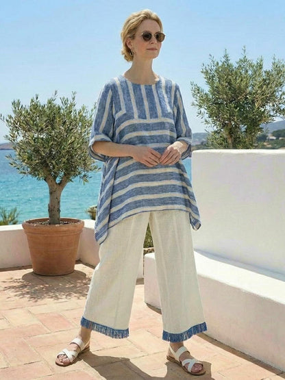Women's Striped Wide Leg Pants Set Cotton Casual Beige