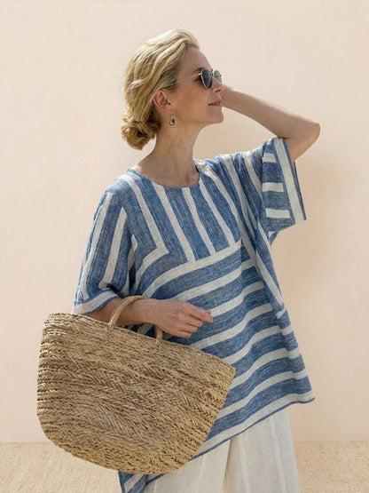 Women's Striped Wide Leg Pants Set Cotton Casual Beige