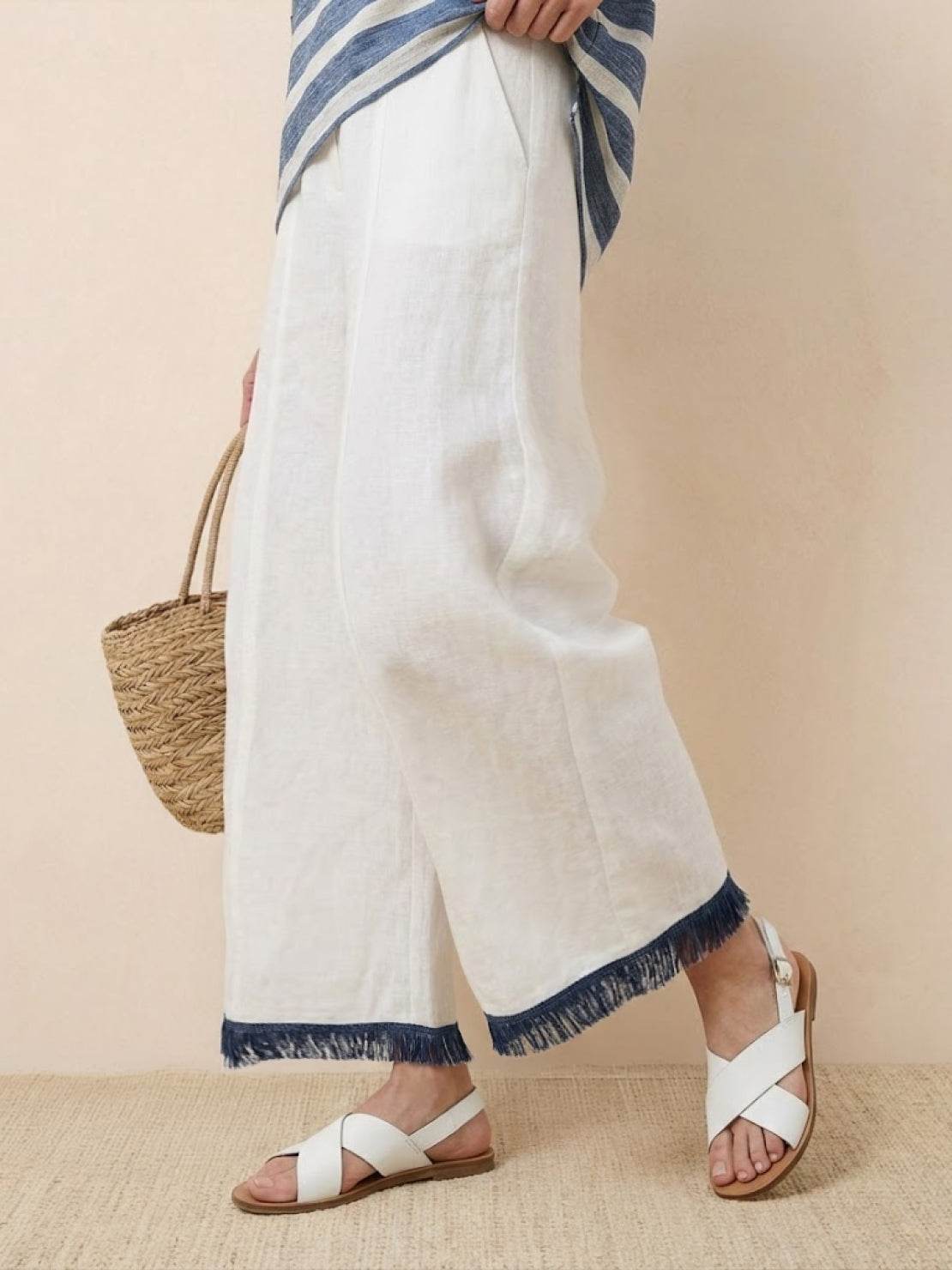 Women's Striped Wide Leg Pants Set Cotton Casual Beige