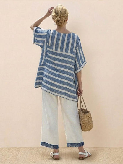 Women's Striped Wide Leg Pants Set Cotton Casual Beige