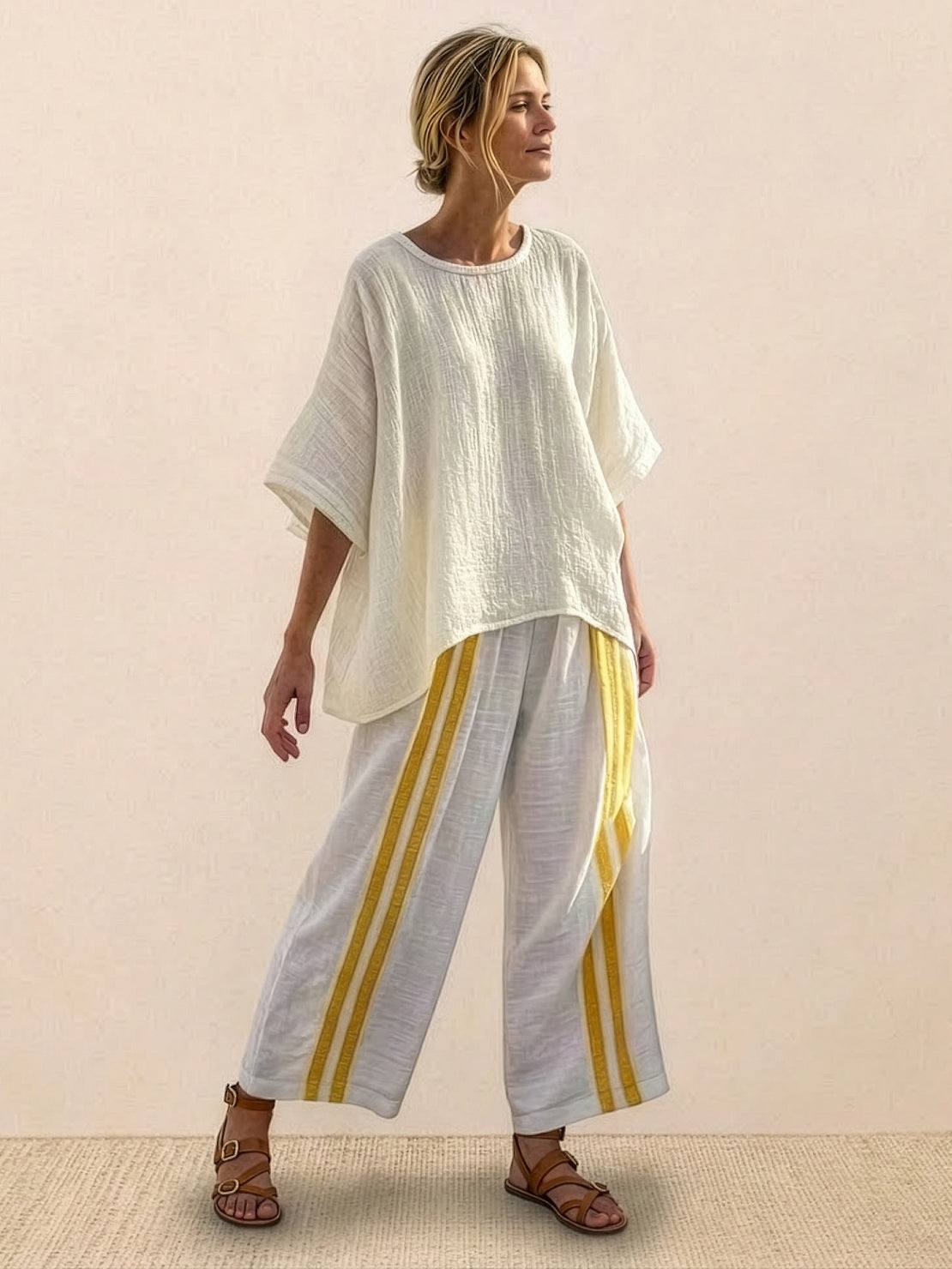 Women's Striped Wide Leg Pants Set Cotton Casual Beige