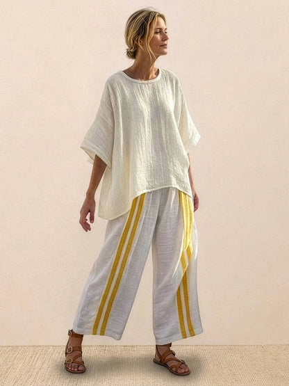 Women's Striped Wide Leg Pants Set Cotton Casual Beige