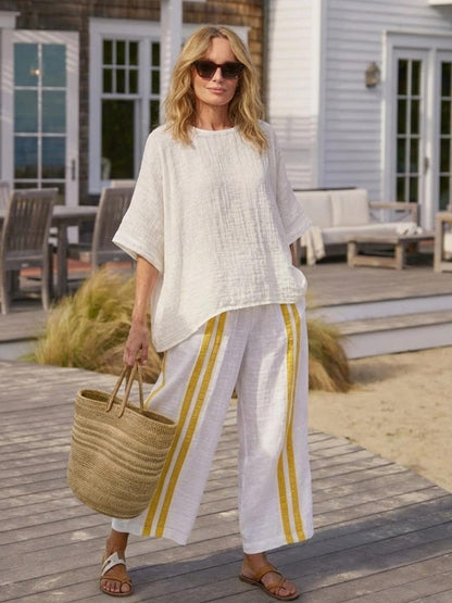 Women's Striped Wide Leg Pants Set Cotton Casual Beige