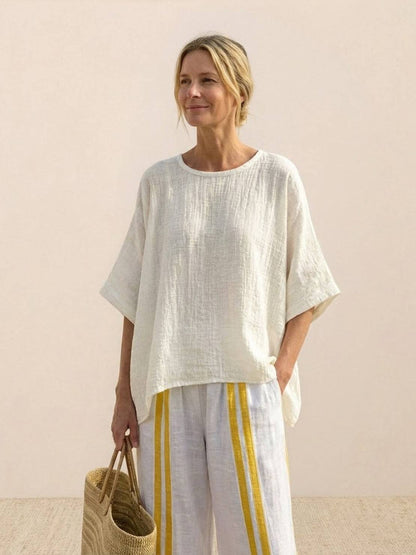 Women's Striped Wide Leg Pants Set Cotton Casual Beige