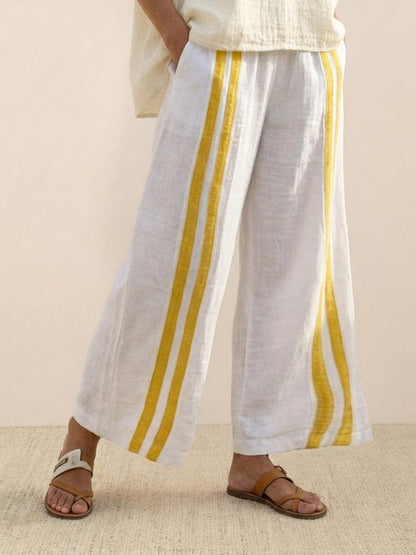 Women's Striped Wide Leg Pants Set Cotton Casual Beige