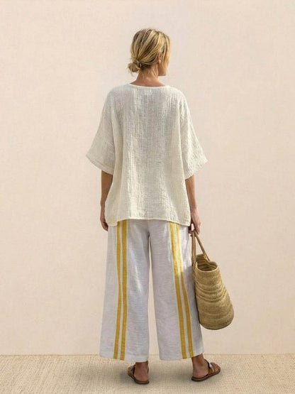 Women's Striped Wide Leg Pants Set Cotton Casual Beige