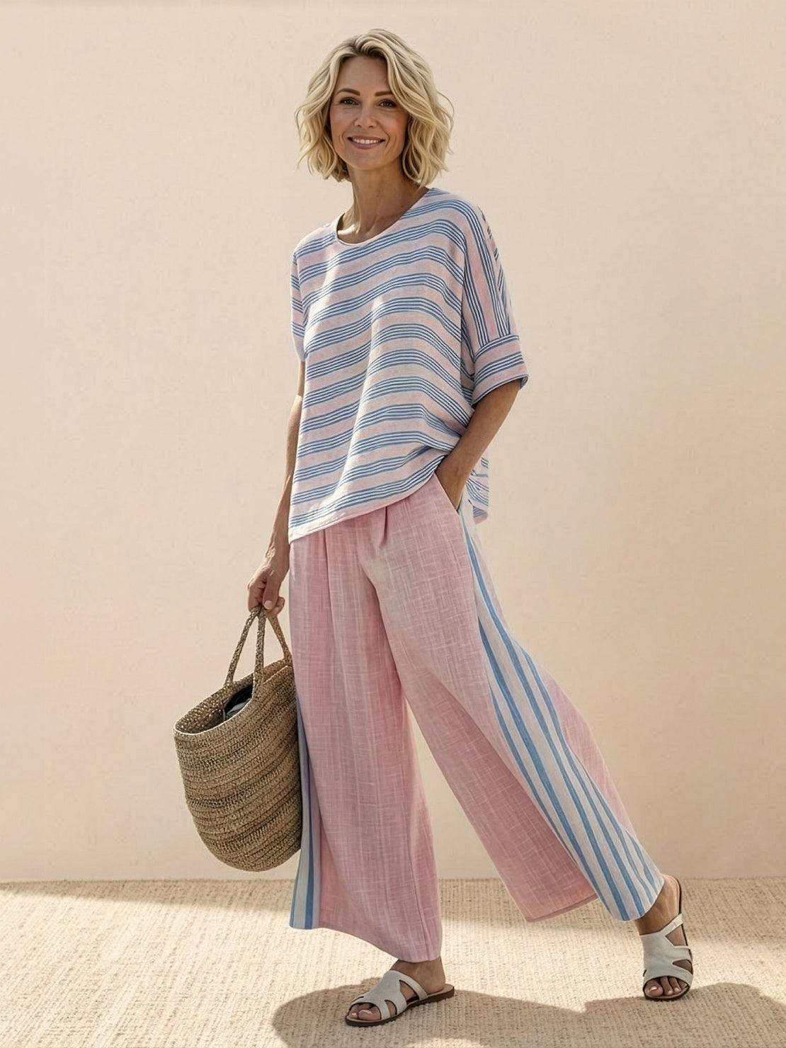 Women's Striped Wide Leg Pants Set Cotton Casual Beige