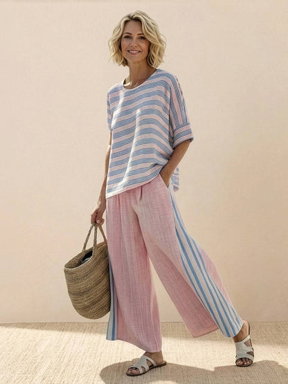 Women's Striped Wide Leg Pants Set Cotton Casual Beige