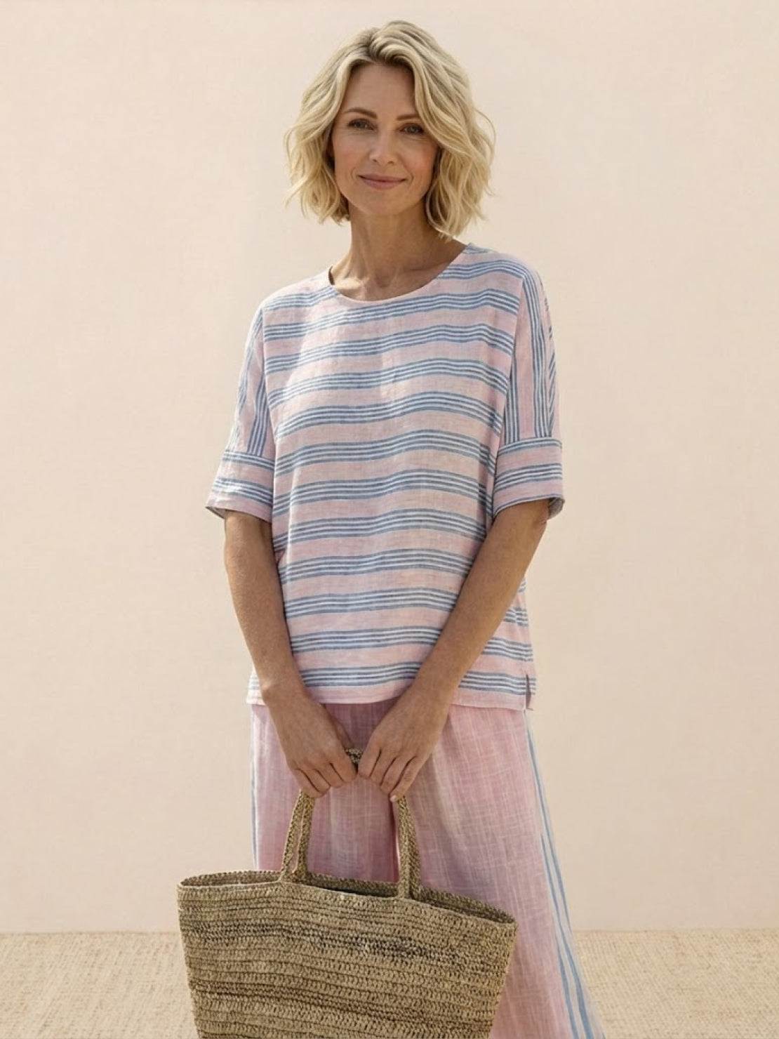 Women's Striped Wide Leg Pants Set Cotton Casual Beige