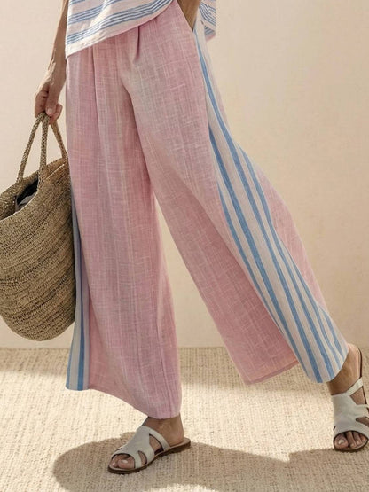 Women's Striped Wide Leg Pants Set Cotton Casual Beige