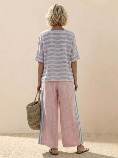 Women's Striped Wide Leg Pants Set Cotton Casual Beige
