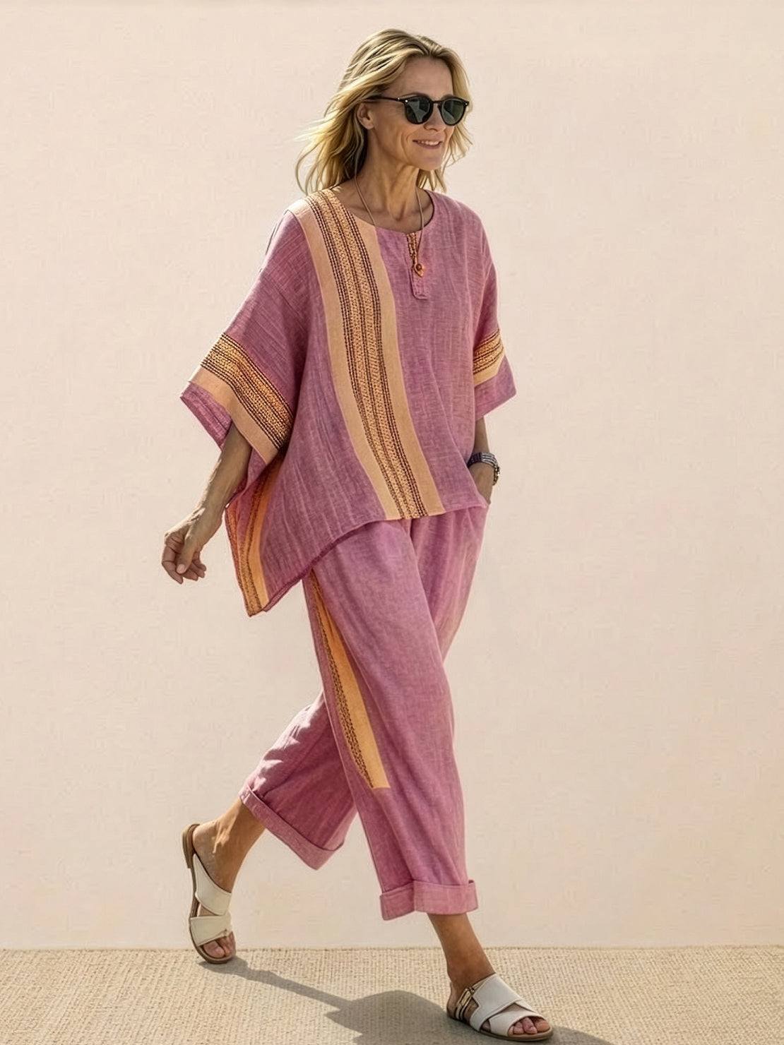 Women's Striped Wide Leg Pants Set Cotton Casual Beige