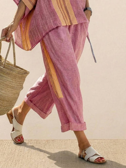 Women's Striped Wide Leg Pants Set Cotton Casual Beige