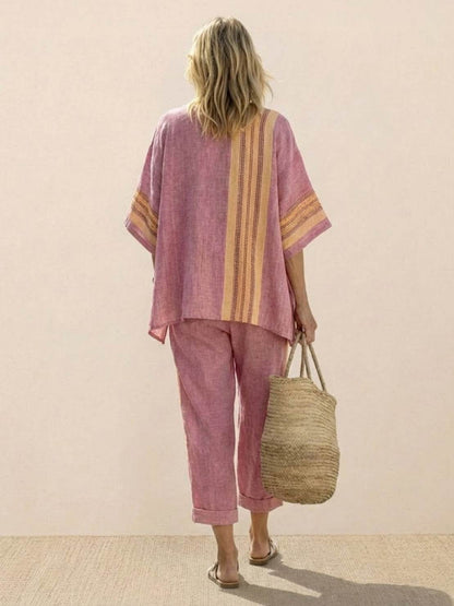 Women's Striped Wide Leg Pants Set Cotton Casual Beige