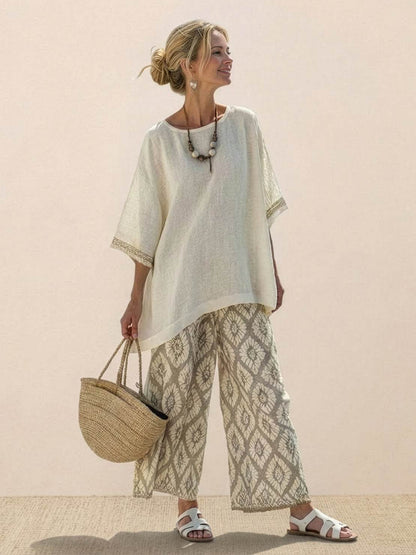Women's Striped Wide Leg Pants Set Cotton Casual Beige