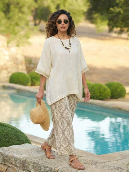 Women's Striped Wide Leg Pants Set Cotton Casual Beige